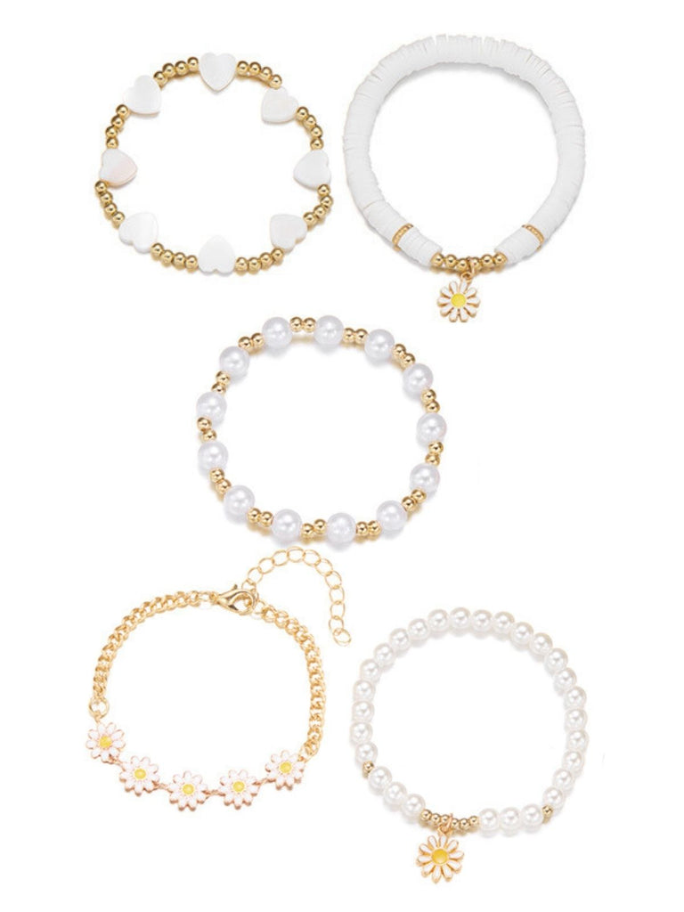 5PCS Boho Daisy Pearl Heart Beaded Stackable Bracelet Set: beautiful vintage fashion, retro style, classic elegance with timeless appeal