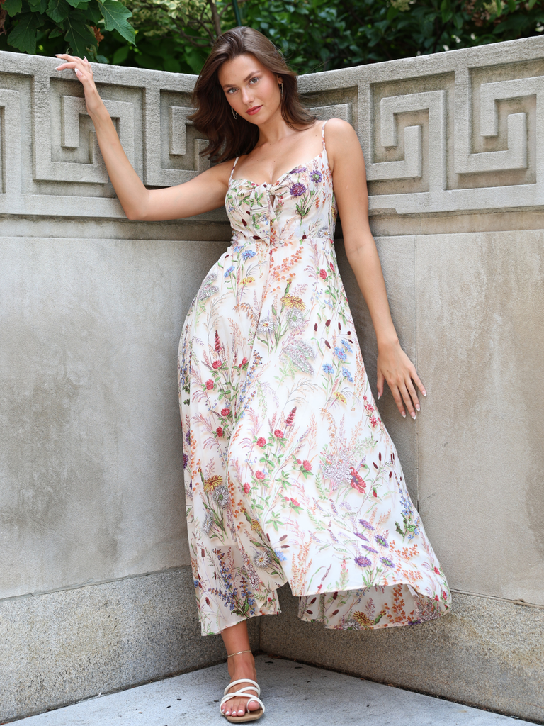 Multicolor 1930s Floral V-Neck Bohemian Slip Dress