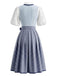 2PCS Blue 1950s Square Neck Floral Dress with Apron & Cropped Top