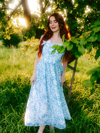 Light Blue 1940s Square Neck Starry Night Bow Swing Dress