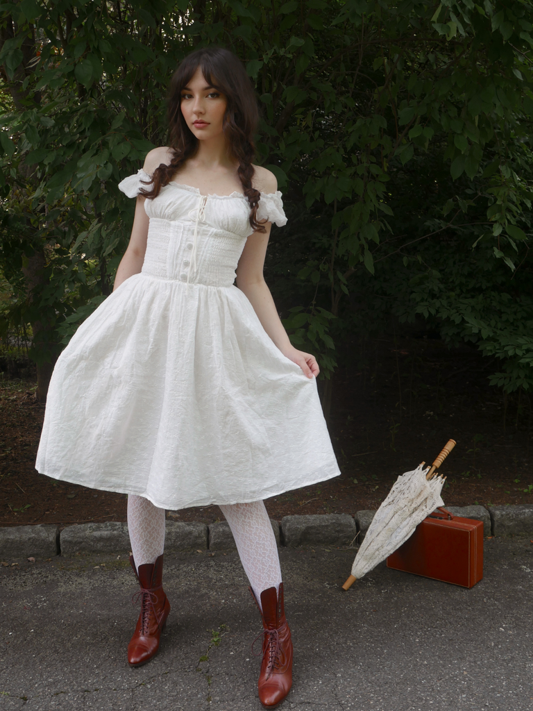 White 1940s Solid Cotton Embroidered Lace Dress