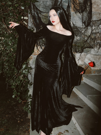 Black 1930s Wednesday Morticia-Inspired Velvet Bell Sleeves Mermaid Dress