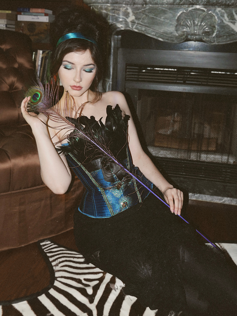 Teal 1930s Peacock Feather Embroidered Corset