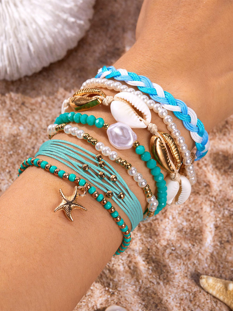 7PCS Blue Shell Beaded Braided Layered Bracelet Set - vintage fashion, retro style for vintage lovers
