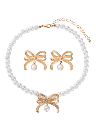 Alloy Pearl Bow Necklace & Earrings Set - vintage fashion, retro style