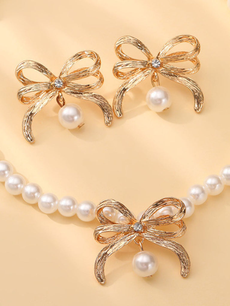 Alloy Pearl Bow Necklace & Earrings Set - vintage fashion, retro style