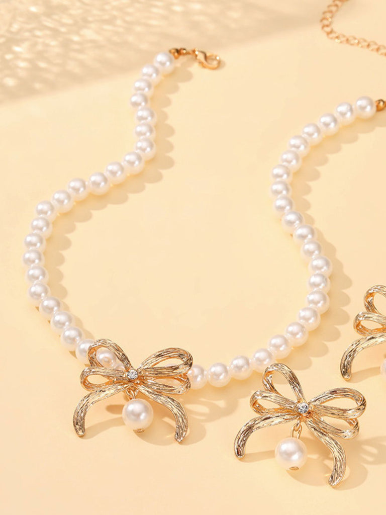Alloy Pearl Bow Necklace & Earrings Set - vintage fashion, retro style