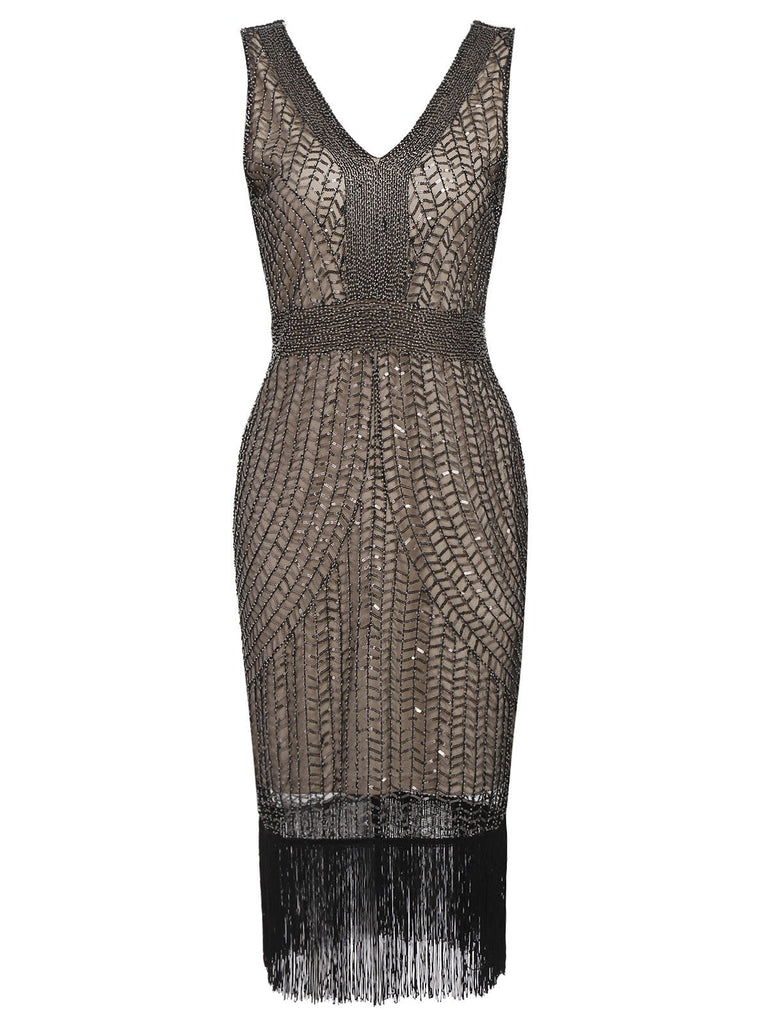 Apricot 1920s Sequin Fringe Flapper Dress, classic vintage style elegant retro fashion