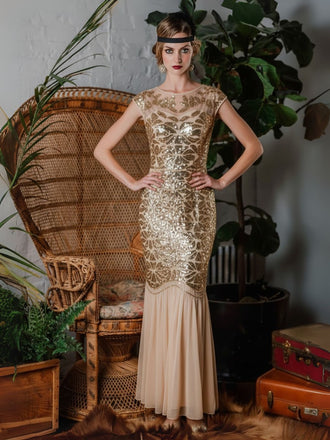 Apricot 1920s Sequin Maxi Flapper Dress, classic 1920s style elegant retro fashion - Image 1