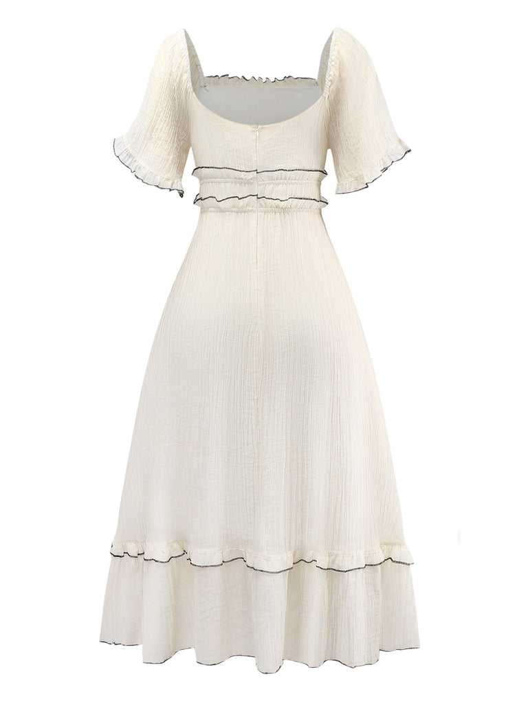 Apricot 1930s Square Neck Textured Binding Dress - vintage dress, retro fashion, elegant red