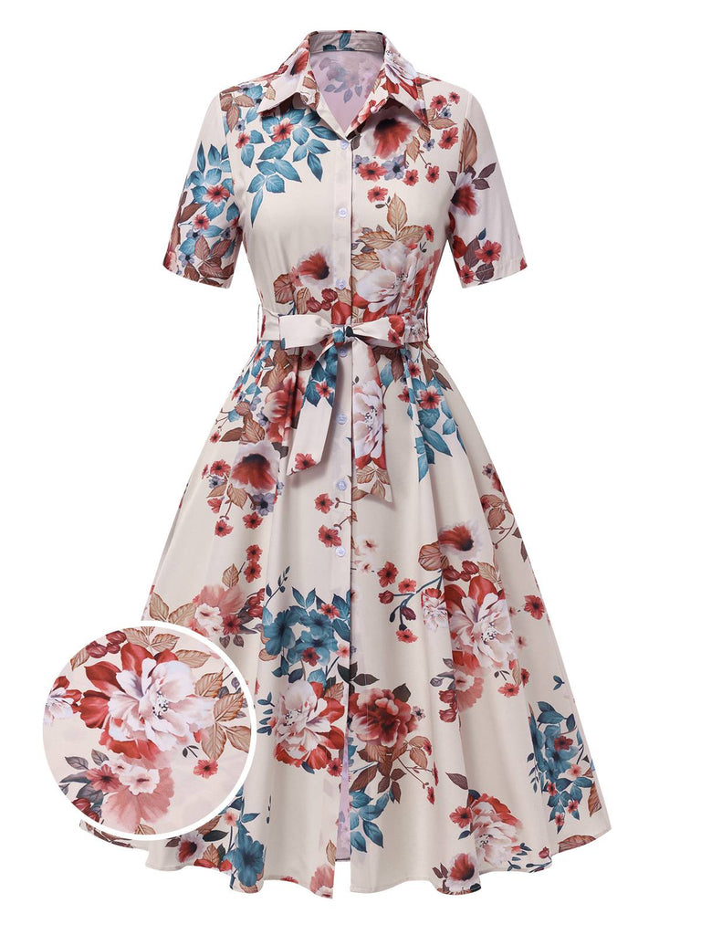 Apricot 1940s Floral Belted Lapel Dress, vintage dress, retro fashion, floral print - perfect for women who love vintage and retro fashion