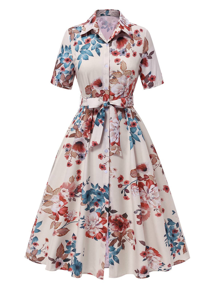Apricot 1940s Floral Belted Lapel Dress, vintage dress, retro fashion, floral print - perfect for women who love vintage and retro fashion
