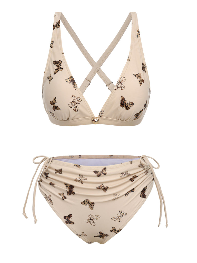 Apricot 1950s Butterfly Mesh Lace-Up Swimsuit, vintage swimsuit, pin-up swimwear - perfect for women who love vintage and retro fashion