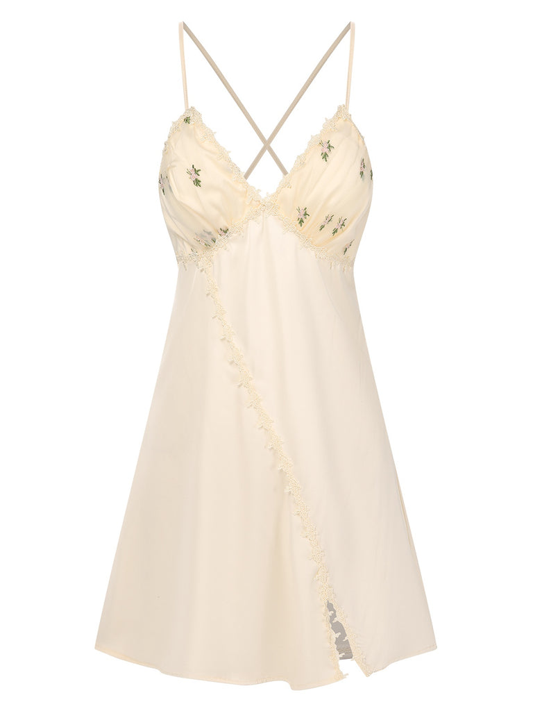She slips into this Apricot 1950s Floral Cross Straps Slit Nightgown and suddenly it's a 1950s daydream