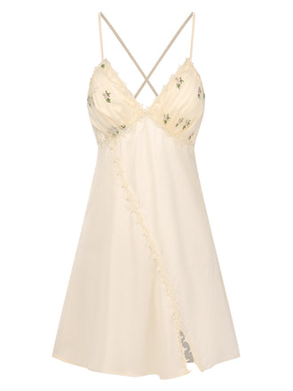 She slips into this Apricot 1950s Floral Cross Straps Slit Nightgown and suddenly it's a 1950s daydream