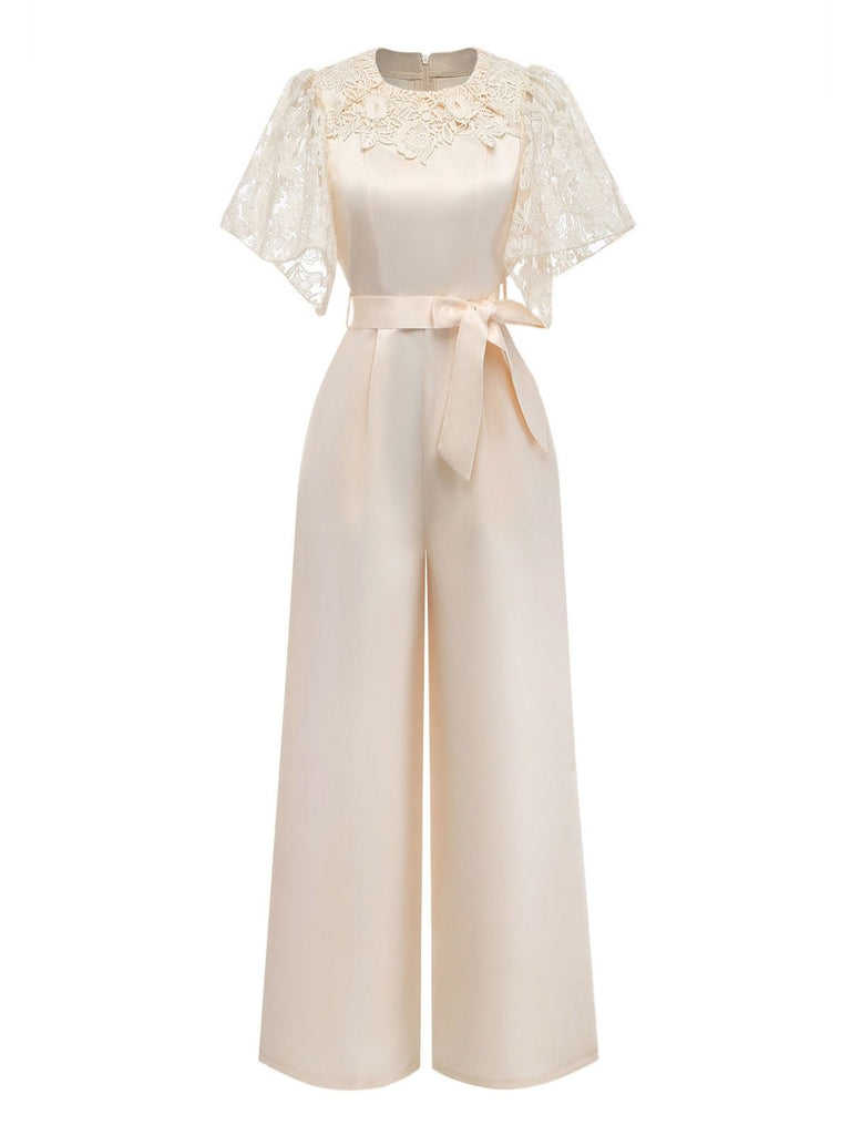 Apricot 1950s Floral Lace Satin Bow Belt Jumpsuit - vintage jumpsuit, retro fashion