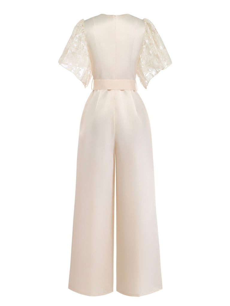 Apricot 1950s Floral Lace Satin Bow Belt Jumpsuit - vintage jumpsuit, retro fashion