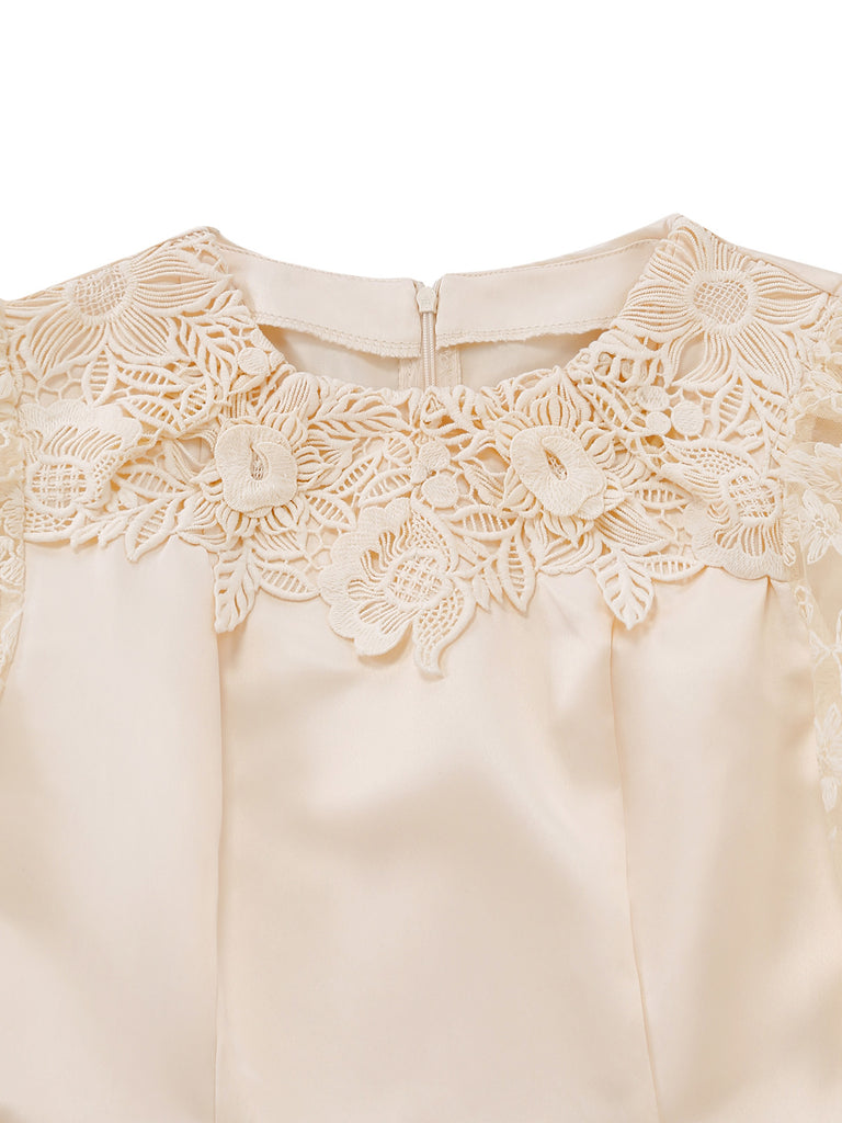 Apricot 1950s Floral Lace Satin Bow Belt Jumpsuit - vintage jumpsuit, retro fashion