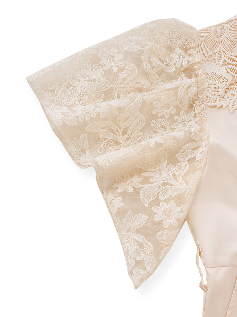 Apricot 1950s Floral Lace Satin Bow Belt Jumpsuit - vintage jumpsuit, retro fashion