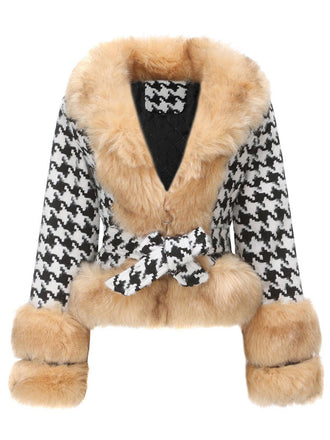 Apricot 1950s Houndstooth Faux Fur Coat - vintage fashion, retro style
