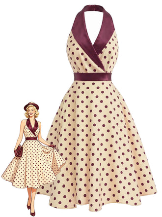 Apricot 1950s Polka Dot Satin Shawl Collar Halter Dress, vintage dress, retro fashion, rockabilly, pin-up fashion - perfect for women who love vintage and retro fashion