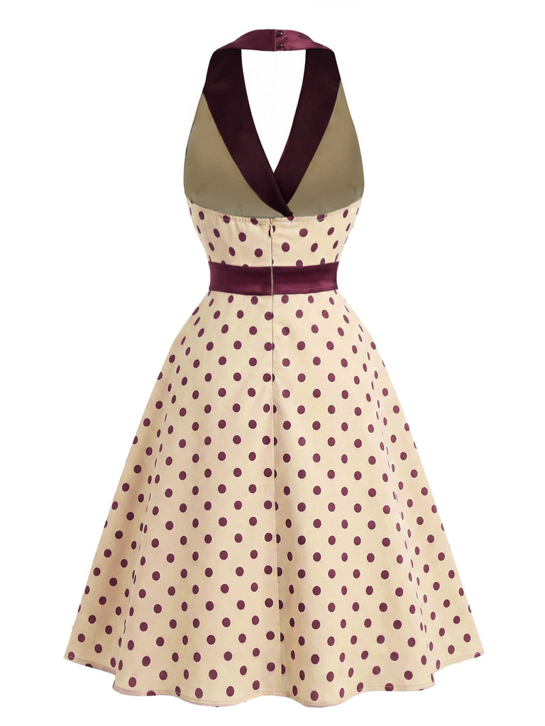 Apricot 1950s Polka Dot Satin Shawl Collar Halter Dress, vintage dress, retro fashion, rockabilly, pin-up fashion - perfect for women who love vintage and retro fashion