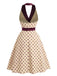 Apricot 1950s Polka Dot Satin Shawl Collar Halter Dress, vintage dress, retro fashion, rockabilly, pin-up fashion - perfect for women who love vintage and retro fashion