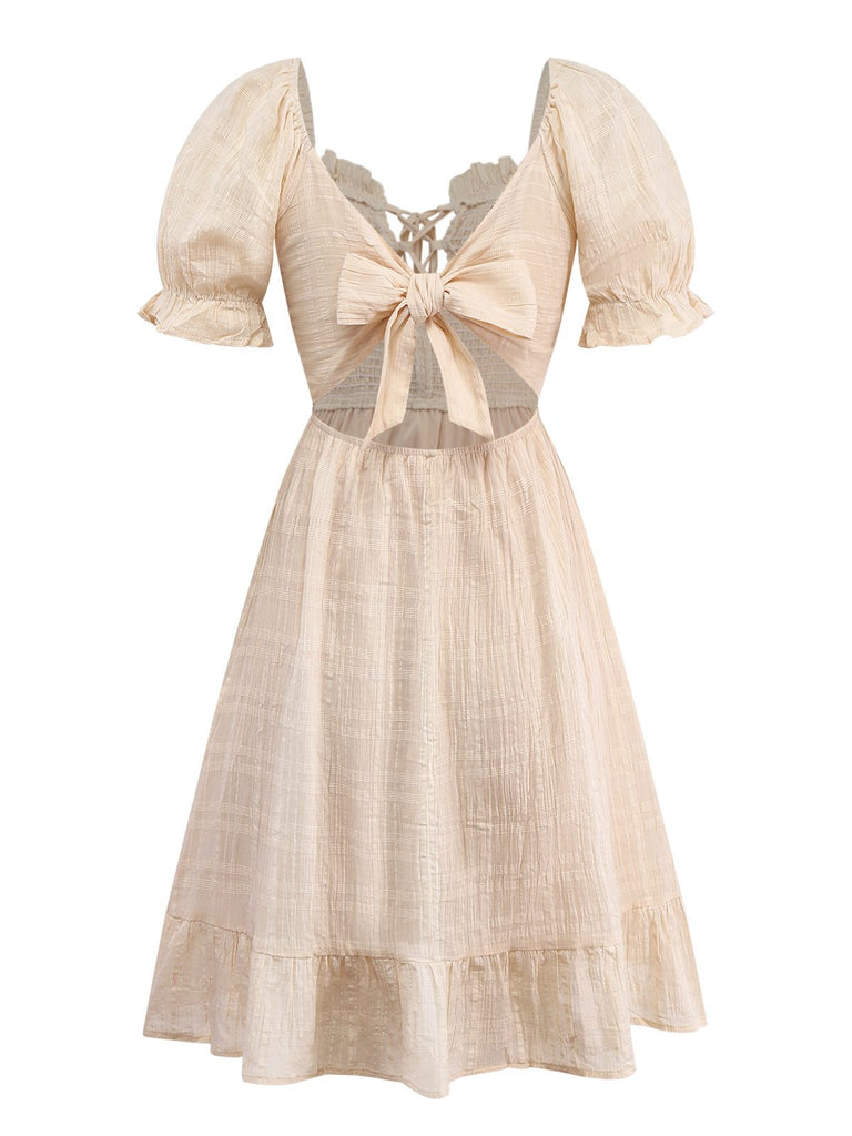 Apricot 1950s Solid Cotton Tie-Back Smocked Dress - vintage dress, retro fashion, rockabilly