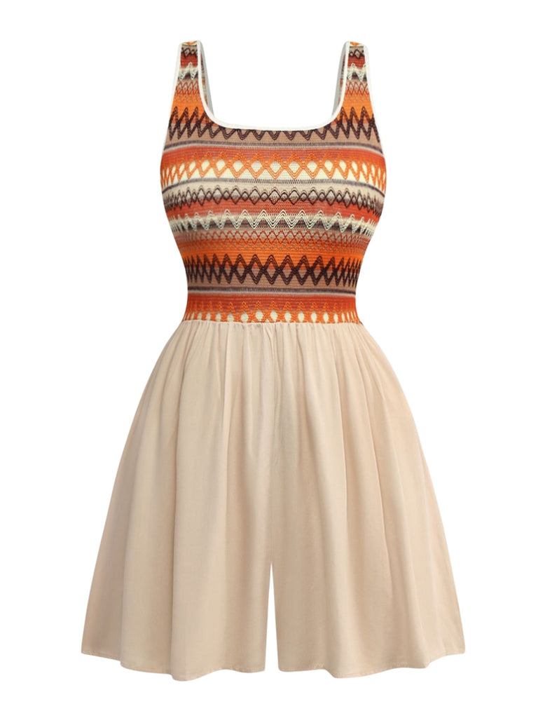 Apricot 1970s Boho Square Neck Patchwork Romper - vintage jumpsuit, retro fashion