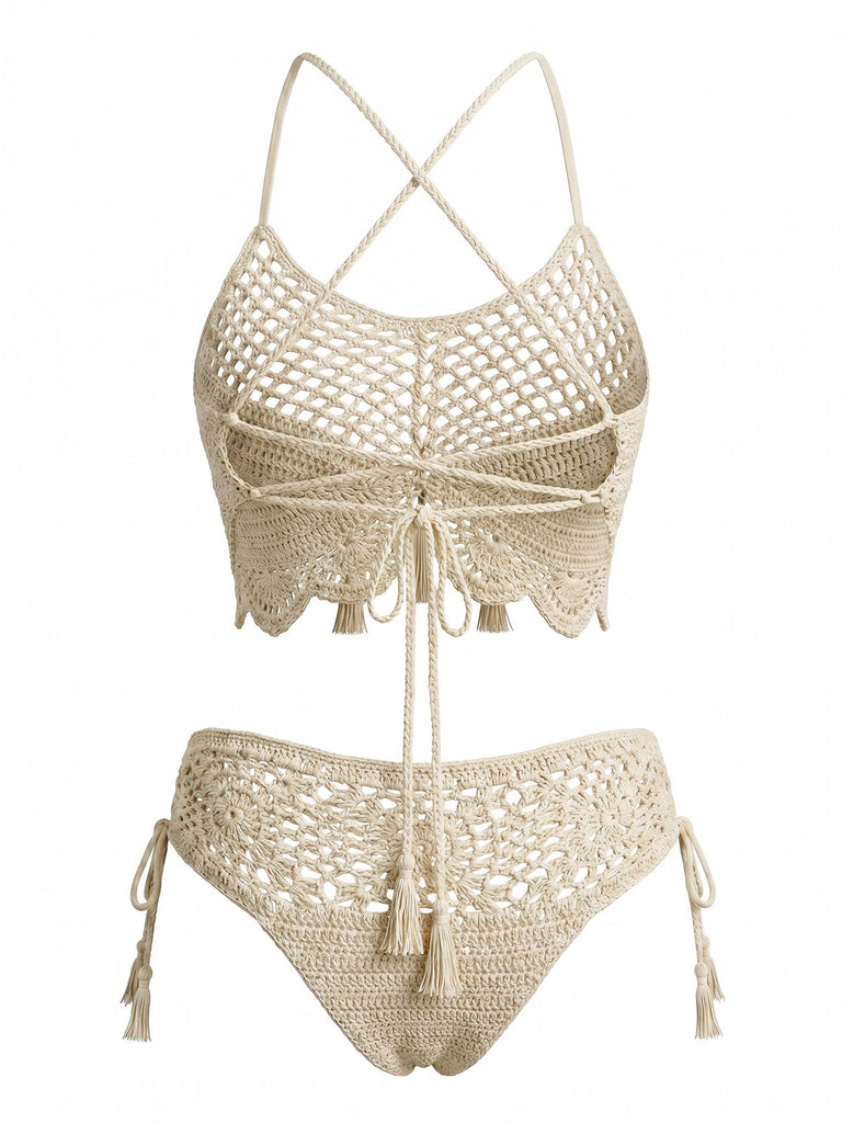 Apricot-1970s-Crochet-Beaded-Tassel-Bikini-Set, vintage, retro, swimwear