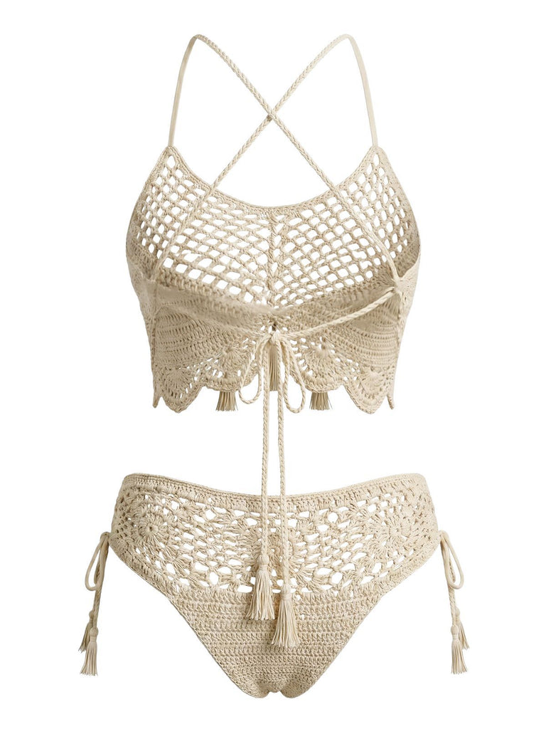Apricot 1970s Crochet Beaded Tassel Bikini Set, vintage swimsuit, pin-up swimwear - perfect for women who love vintage and retro fashion