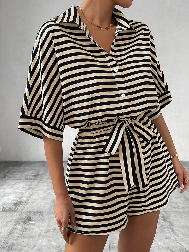 Apricot & Black 1980s Striped One Piece Romper 5
