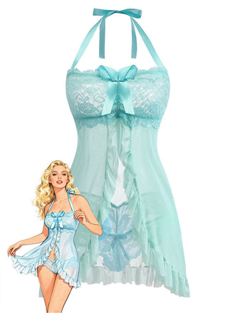 Aqua Blue 1980s Lace Bow Lingerie Set, classic vintage style elegant retro fashion - Image 1
