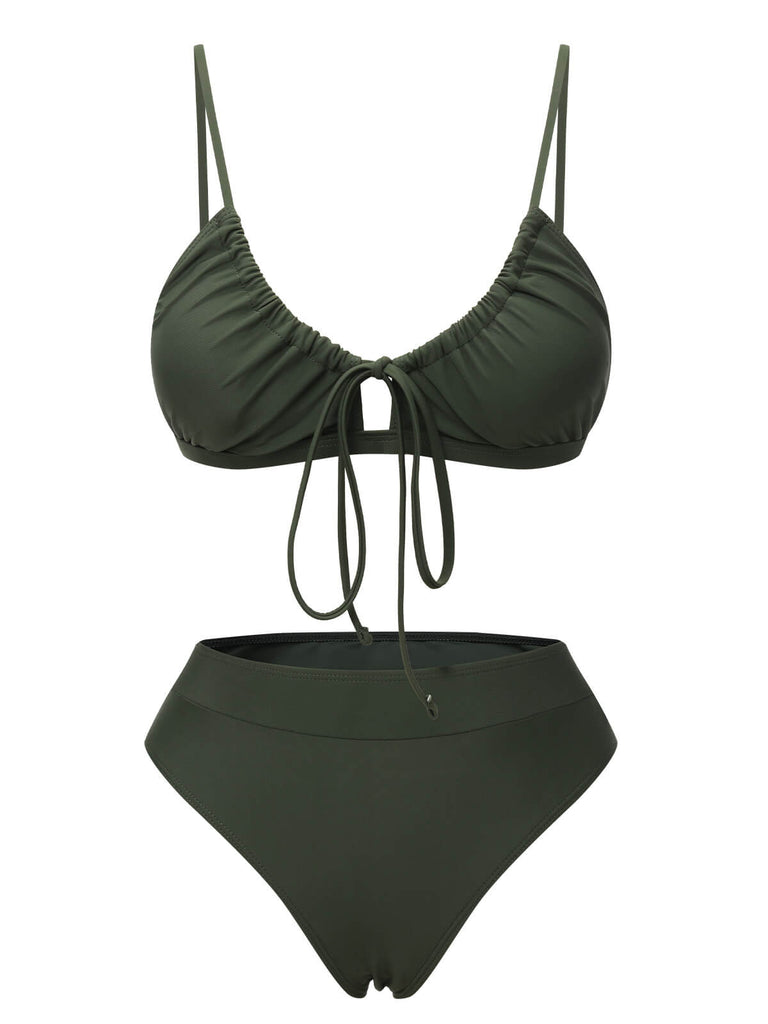 Army Green 1950s Solid Drawstring Halter Bikini, vintage swimsuit, pin-up swimwear - perfect for women who love vintage and retro fashion