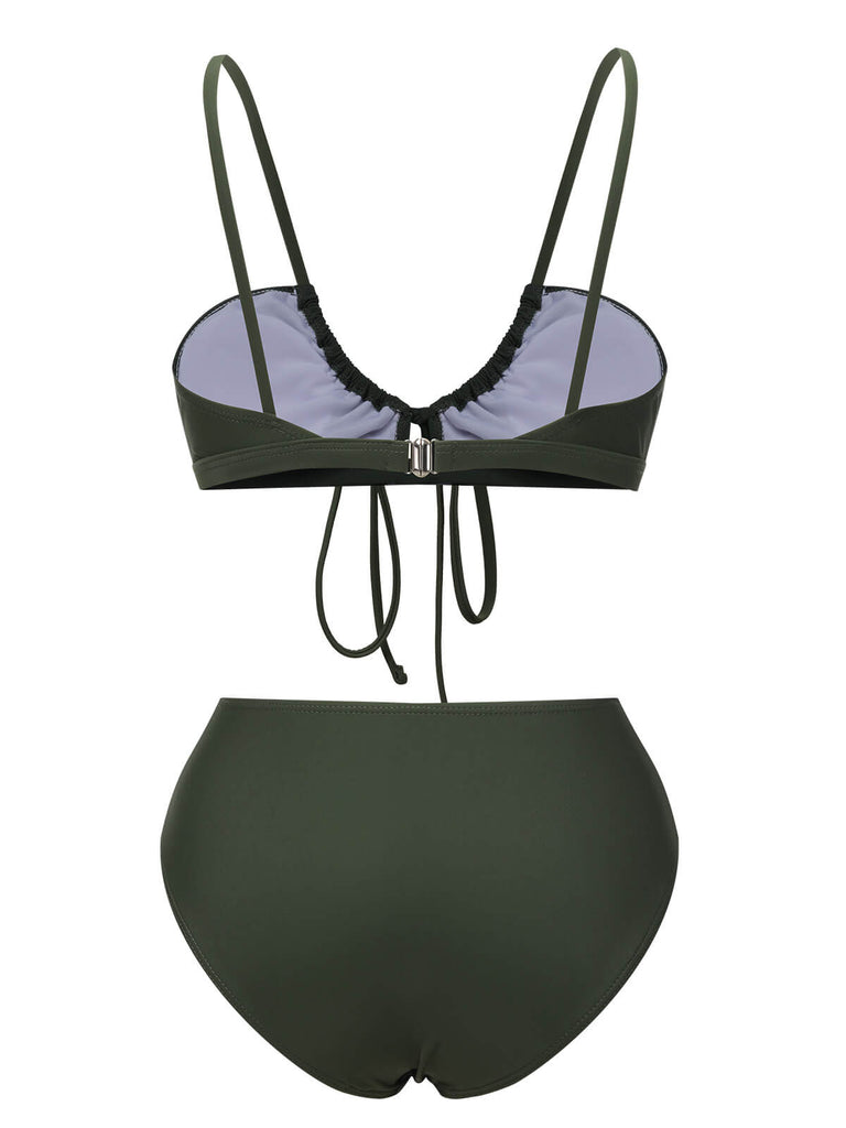 Army Green 1950s Solid Drawstring Halter Bikini, vintage swimsuit, pin-up swimwear - perfect for women who love vintage and retro fashion