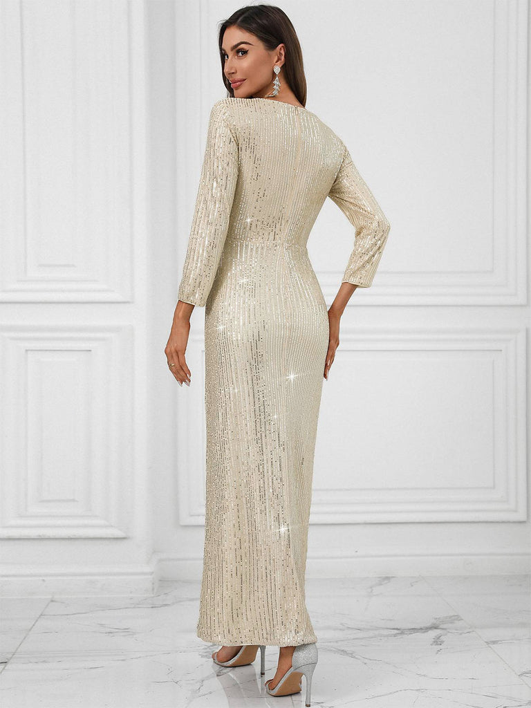 Beige 1920s V-Neck Sequined Slit Dress, vintage dress, retro fashion, Gatsby party, flapper style - perfect for women who love vintage and retro fashion