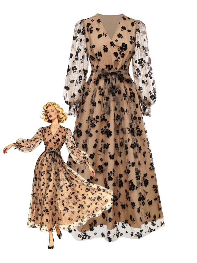 Beige 1930s Flocked Floral Mesh V-Neck Dress - vintage dress, retro fashion