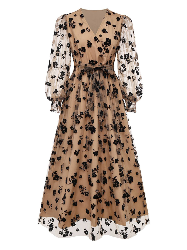 Beige 1930s Flocked Floral Mesh V-Neck Dress - vintage dress, retro fashion