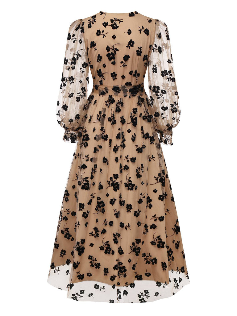 Beige 1930s Flocked Floral Mesh V-Neck Dress - vintage dress, retro fashion