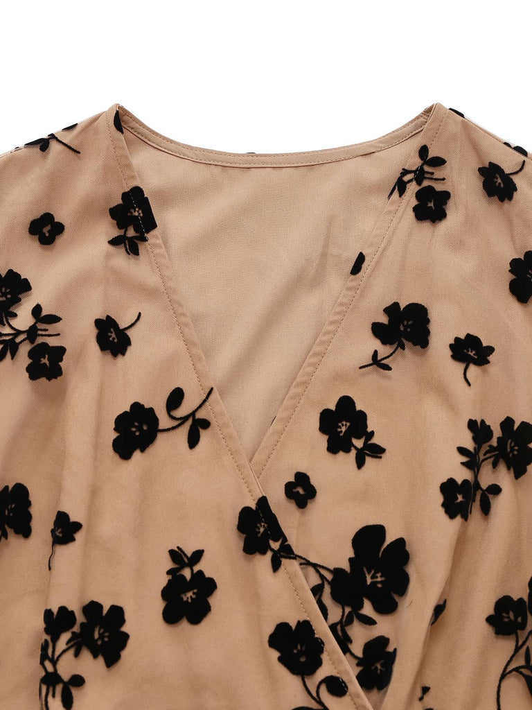 Beige 1930s Flocked Floral Mesh V-Neck Dress - vintage dress, retro fashion