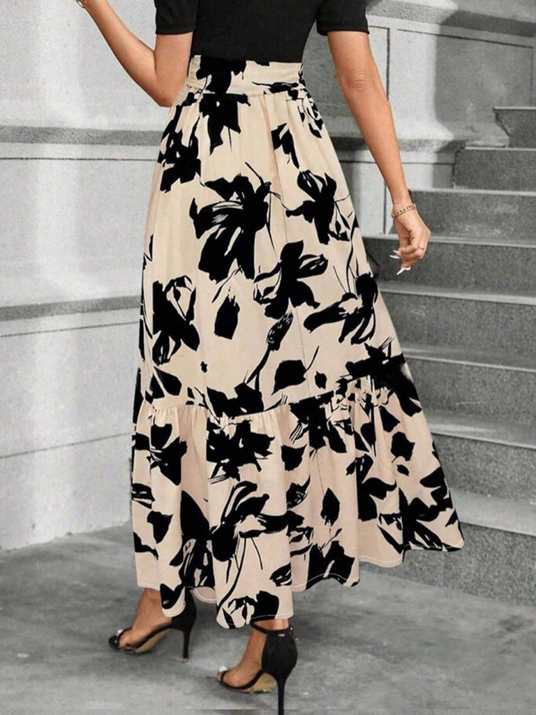 Beige 1930s Floral Silhouette A-Line Skirt: 1930s grace for the woman who dances through life