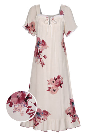 Beige 1930s Floral Square Collar Ruffles Puff Nightgowns, vintage fashion, retro style - perfect for women who love vintage and retro fashion