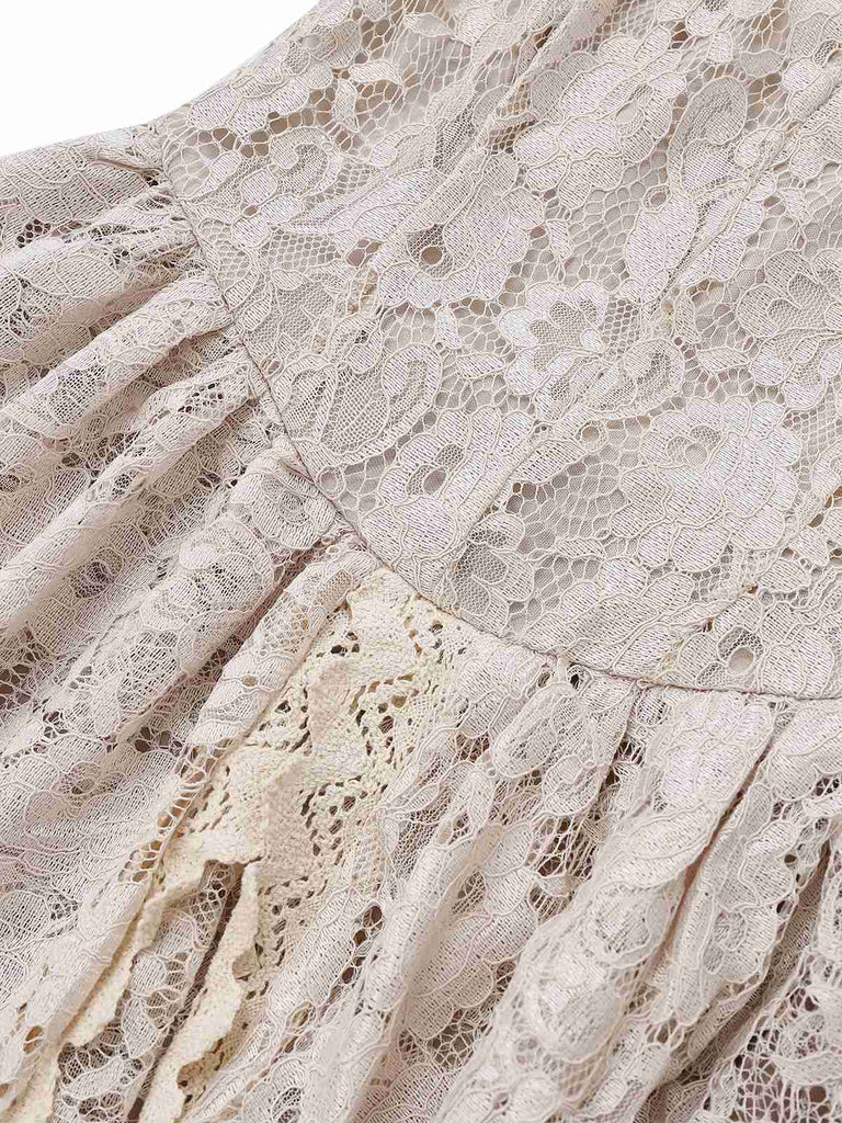 Beige 1930s Halloween Vampire Bride Lace Dress Set - vintage dress, retro fashion