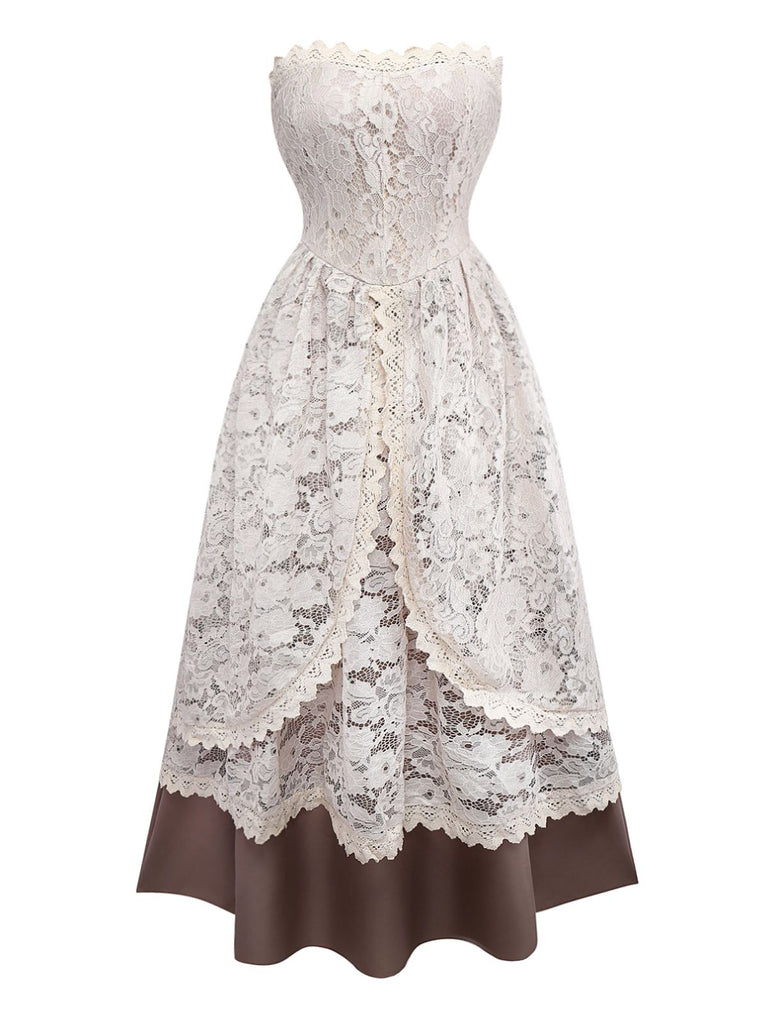 Beige 1930s Halloween Vampire Bride Lace Dress Set - vintage dress, retro fashion
