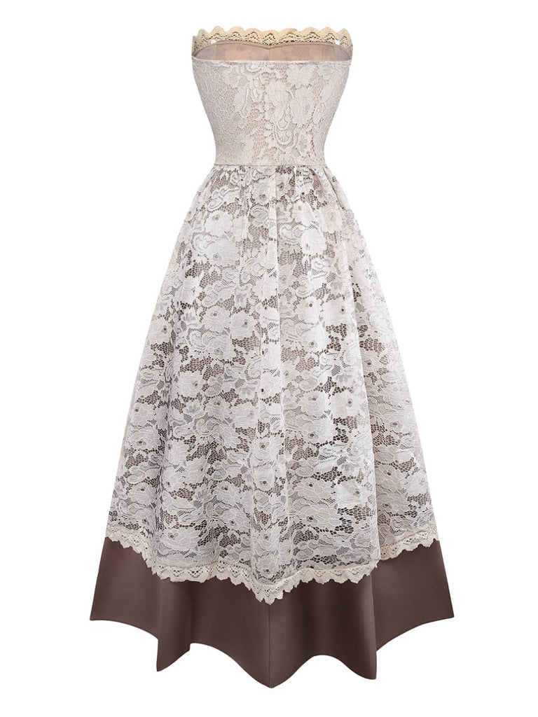 Beige 1930s Halloween Vampire Bride Lace Dress Set - vintage dress, retro fashion