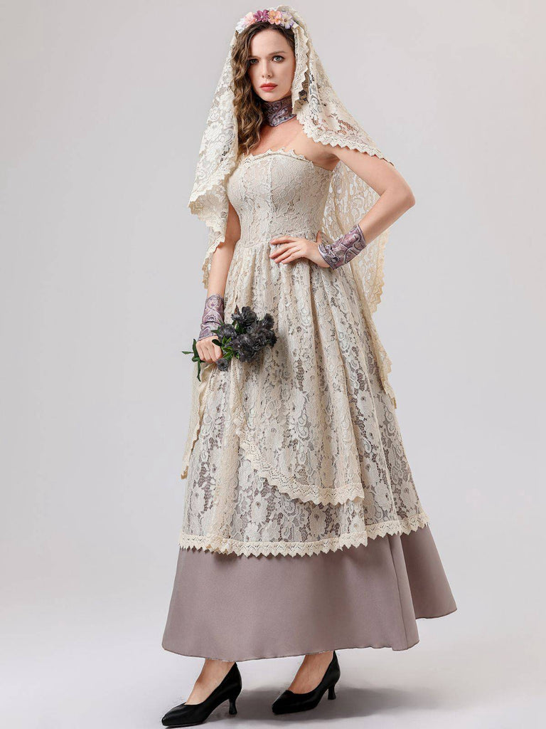 Beige 1930s Halloween Vampire Bride Lace Dress Set - vintage dress, retro fashion