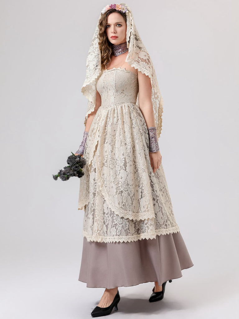 Beige 1930s Halloween Vampire Bride Lace Dress Set - vintage dress, retro fashion