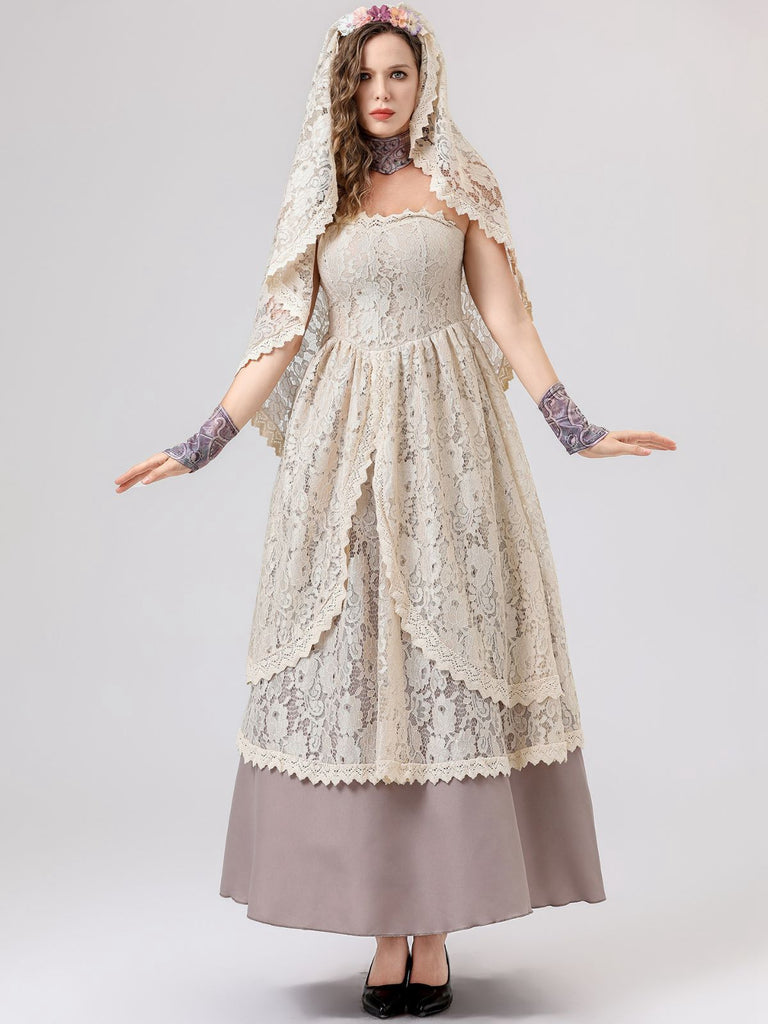 Beige 1930s Halloween Vampire Bride Lace Dress Set - vintage dress, retro fashion