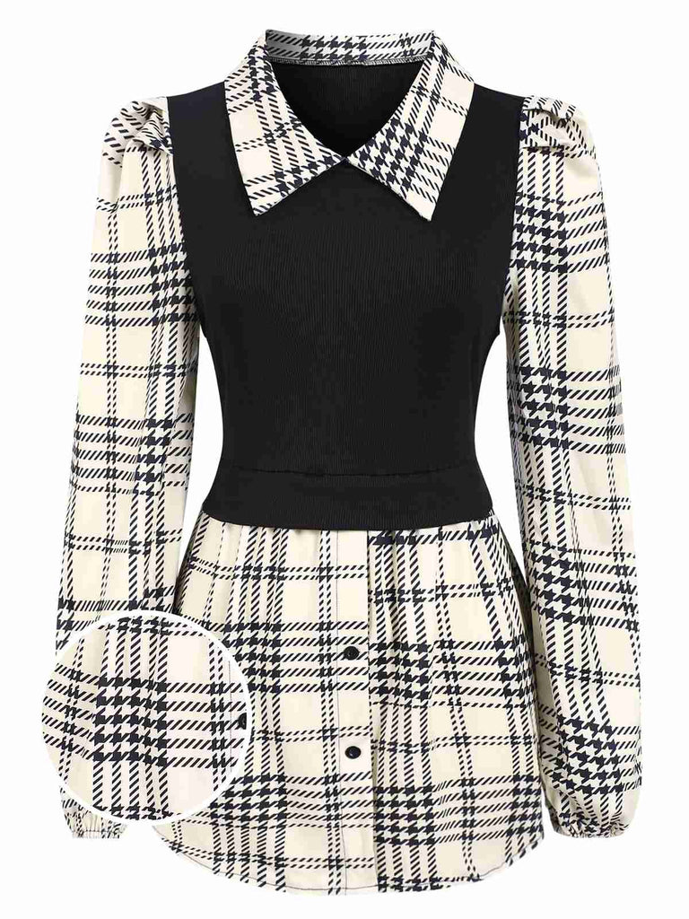 Beige 1930s Plaid Patchwork Puff Sleeve Lapel Shirt, vintage fashion, retro style - perfect for women who love vintage and retro fashion