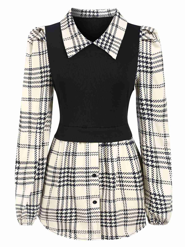 Beige 1930s Plaid Patchwork Puff Sleeve Lapel Shirt, vintage fashion, retro style - perfect for women who love vintage and retro fashion